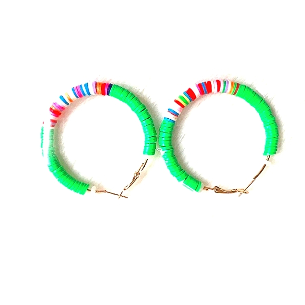 Multicolor Pastel Beaded Hoop Earrings Clay Beads Zinc Alloy Green NEW